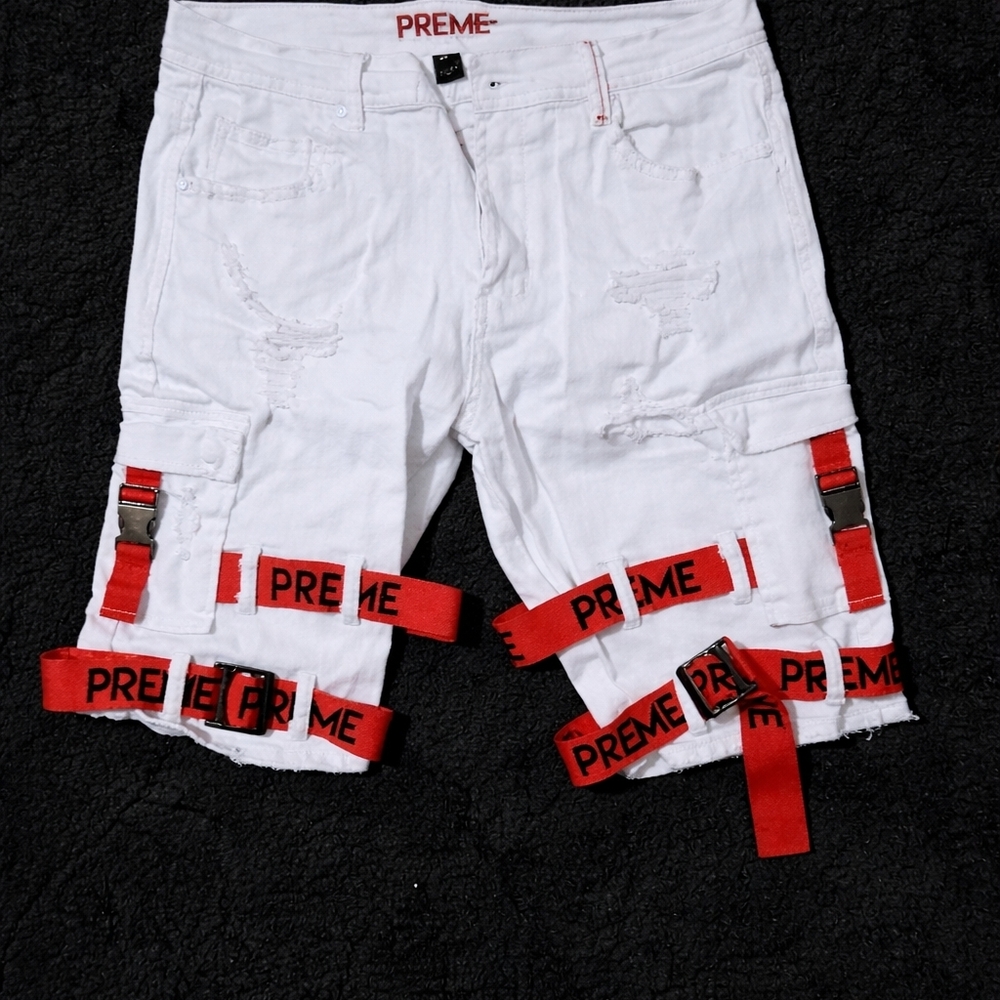 PREME White and Red Men's Jean Shorts